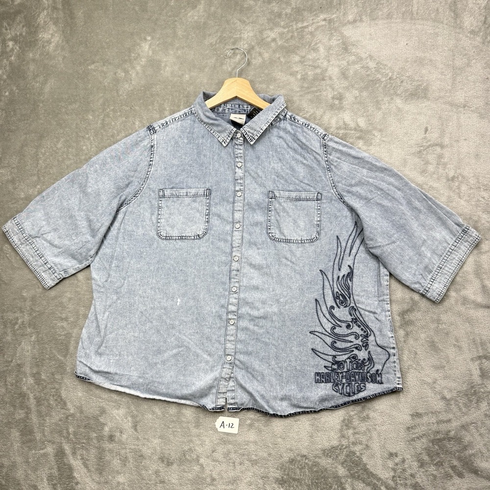 Harley Davidson Womens Blue Denim Button Up Shirt Embroidered Wing Size 2W